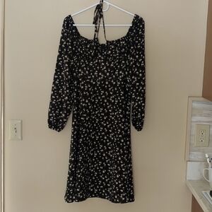Small Shein Floral Dress Black Zip Back Long Sleeve Side Slit 4